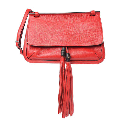 Gucci Pebbled Calfskin Medium Bamboo Daily Flap Shoulder Bag Red 1 of 9