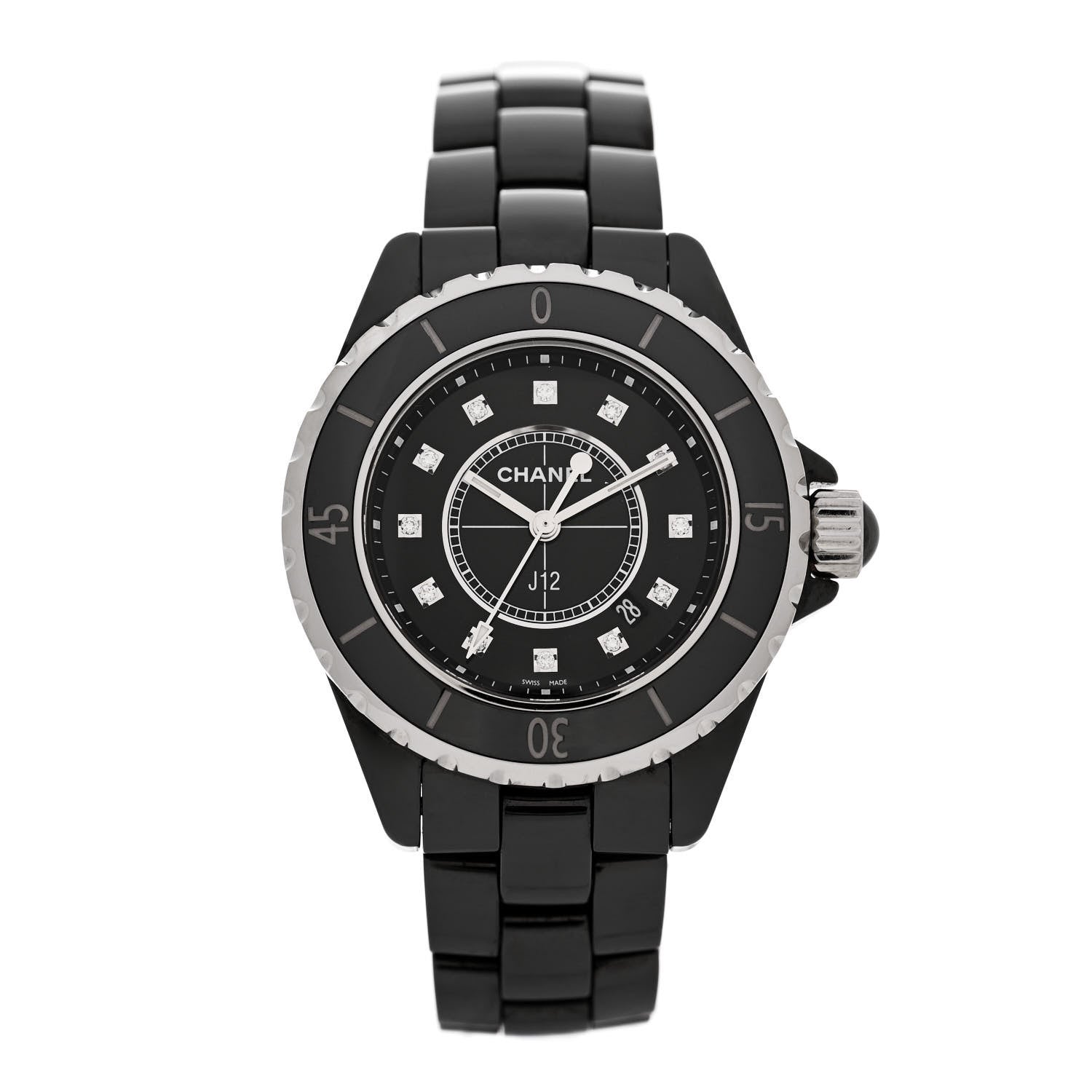 Chanel Stainless Steel Ceramic Diamond 33mm J12 Quartz Watch Black 1 of 6