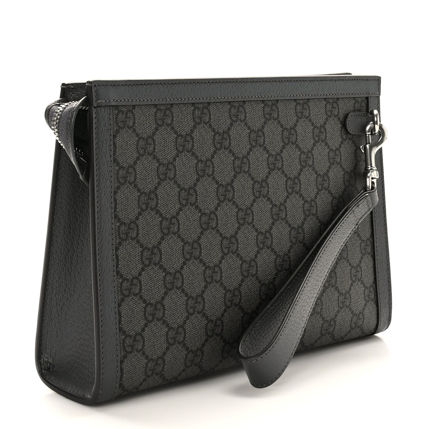 GG Supreme Monogram Textured Dollar Calfskin Ophidia Wristlet Pouch Grey Black Graphite Grey
