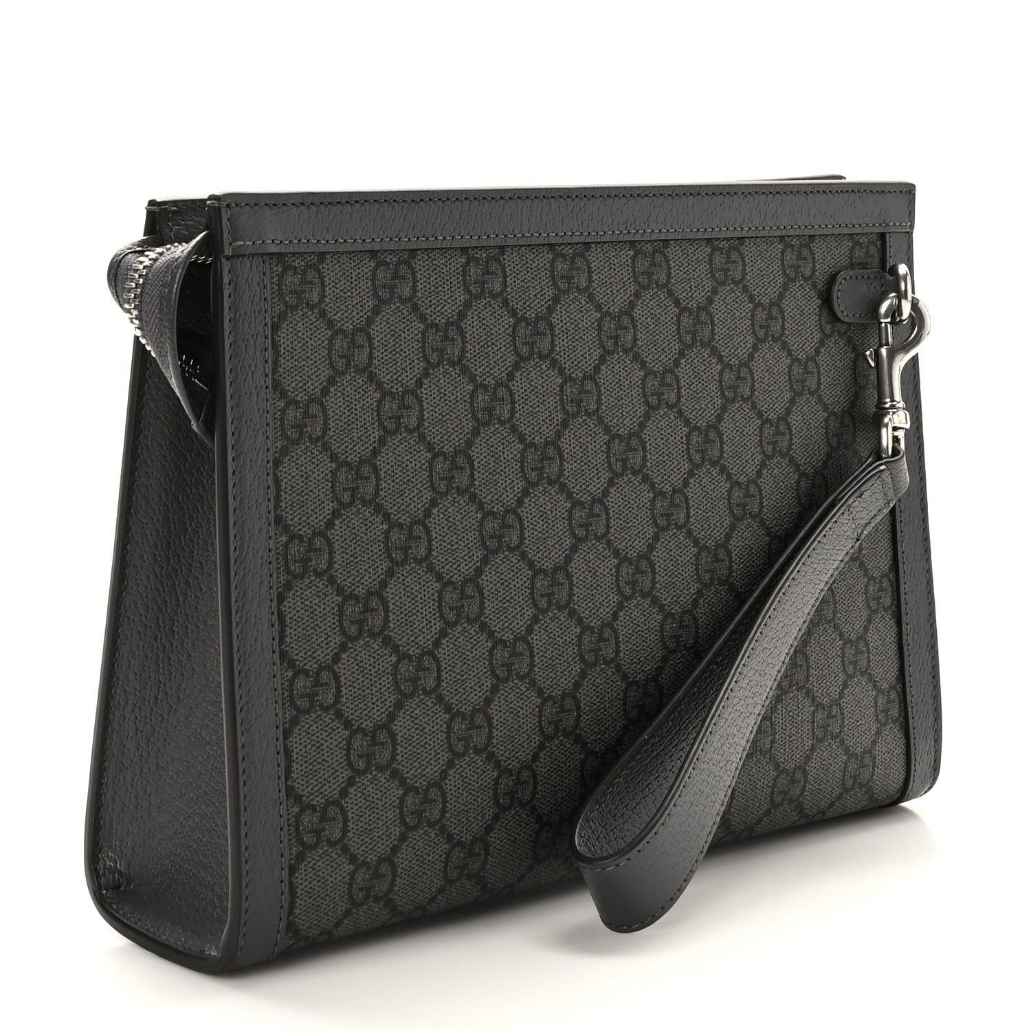 Gucci GG Supreme Monogram Textured Dollar Calfskin Ophidia Wristlet Pouch Grey Black Graphite Grey 3 of 9