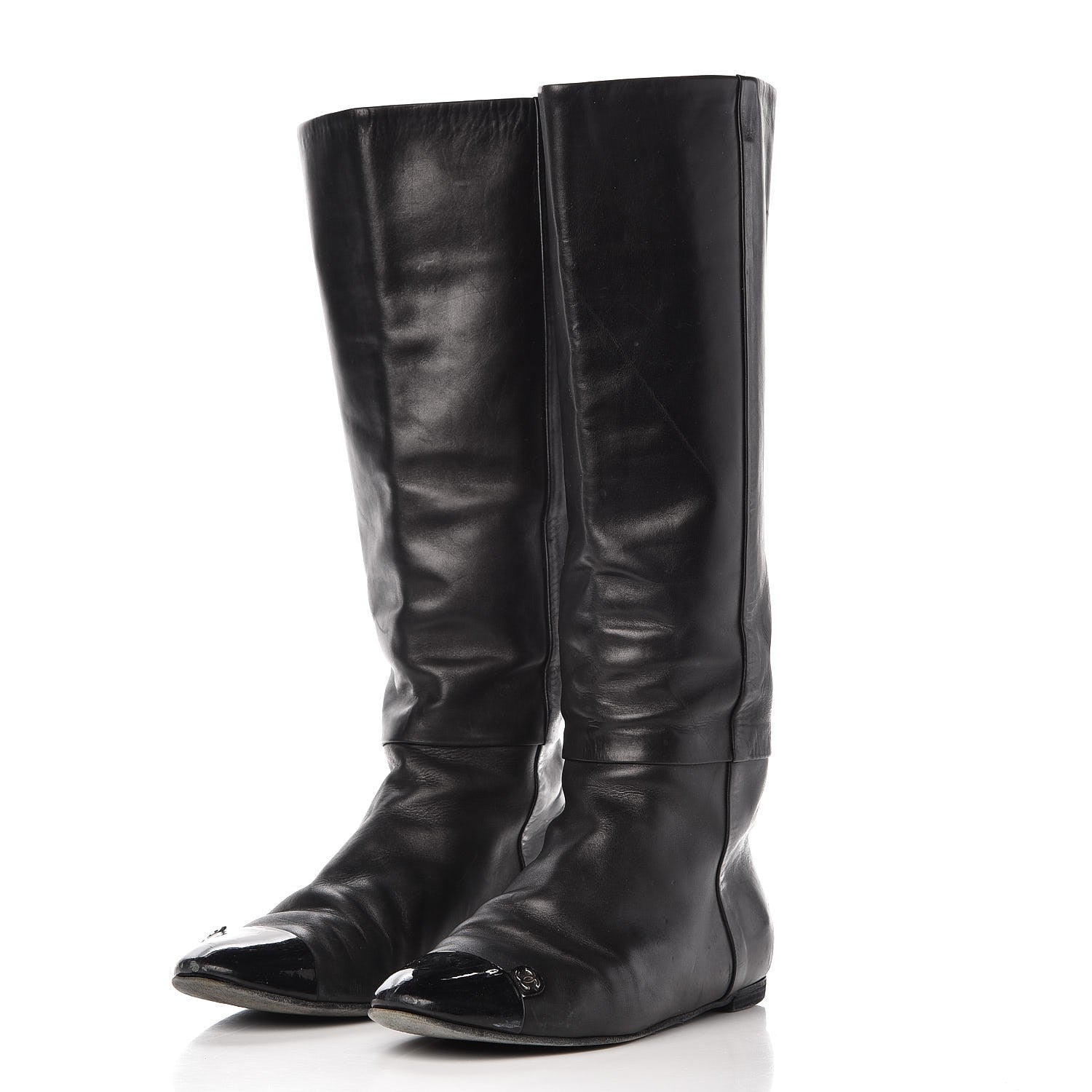 Chanel Lambskin Patent Cap Toe CC High Boots 38 Black 3 of 18
