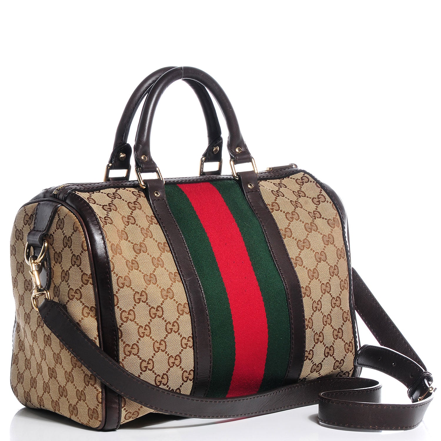 Gucci Monogram Selleria Calfskin Vintage Web Medium Boston Beige Ebony Cocoa 3 of 14
