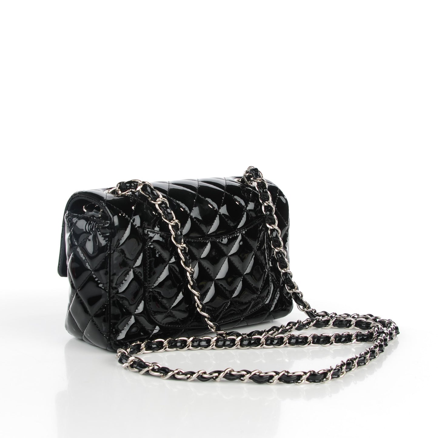 Patent Calfskin Quilted Mini Rectangular Flap Black