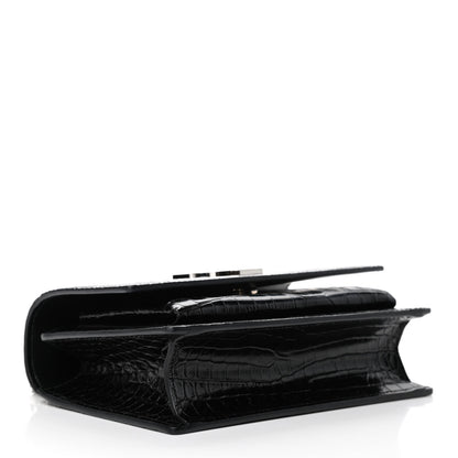 Saint Laurent Calfskin Crocodile Embossed Monogram Sunset Chain Wallet Black 3 of 4