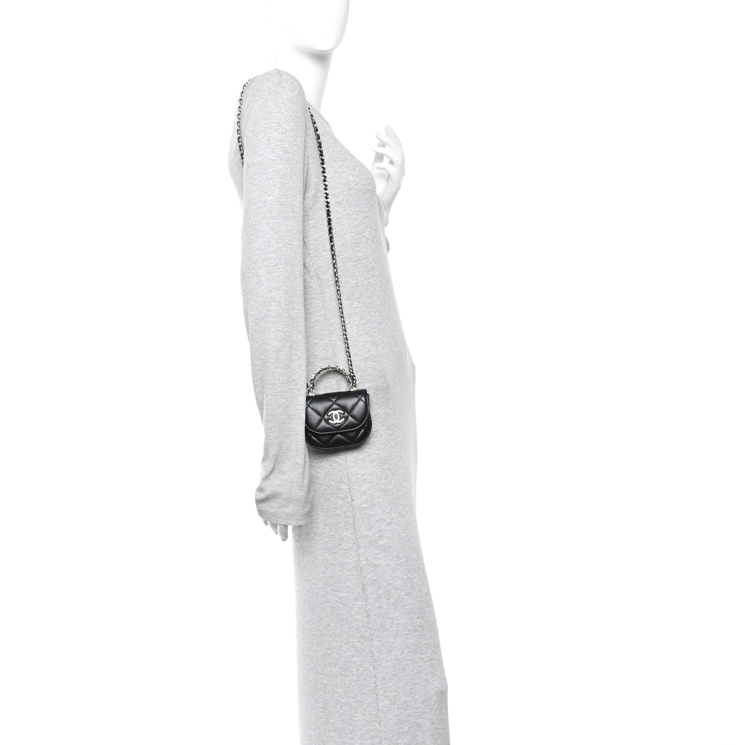 Chanel Lambskin Quilted Pearl Top Handle Clutch With Chain Black 2 of 11
