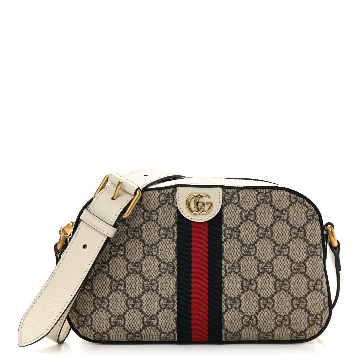 Gucci GG Supreme Monogram Textured Calfskin Web Small Ophidia Camera Bag Beige Ebony Mystic White 1 of 11
