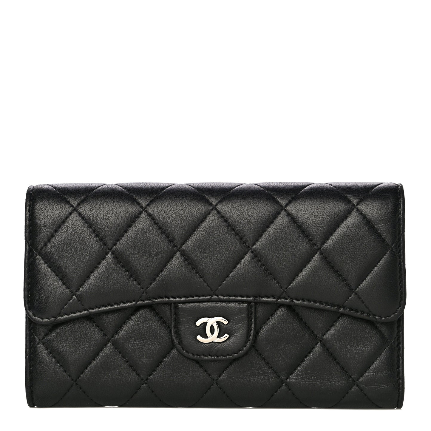 Lambskin Quilted Large Gusset Flap Wallet Black