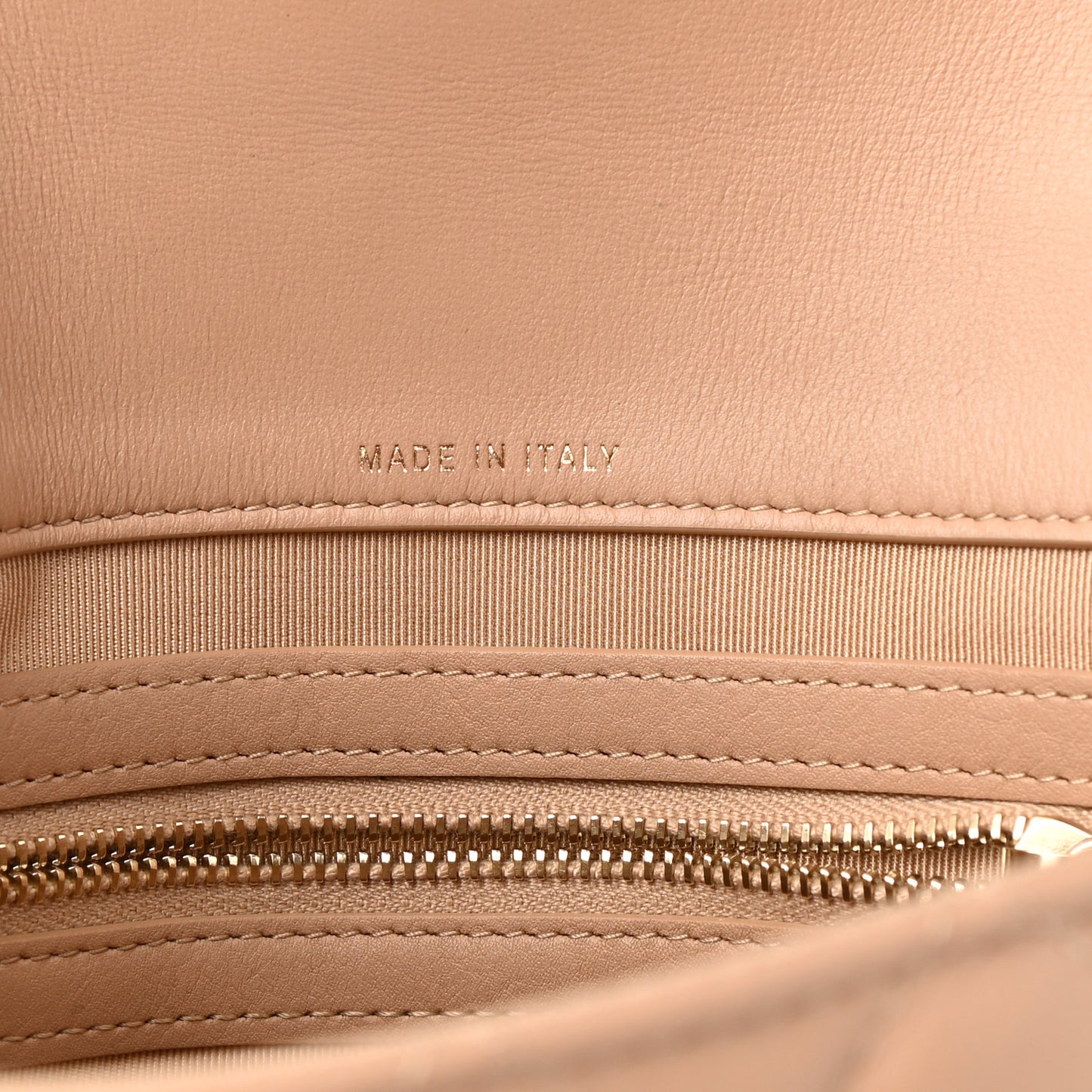 Calfskin Quilted Front Logo Enchained Clutch Beige