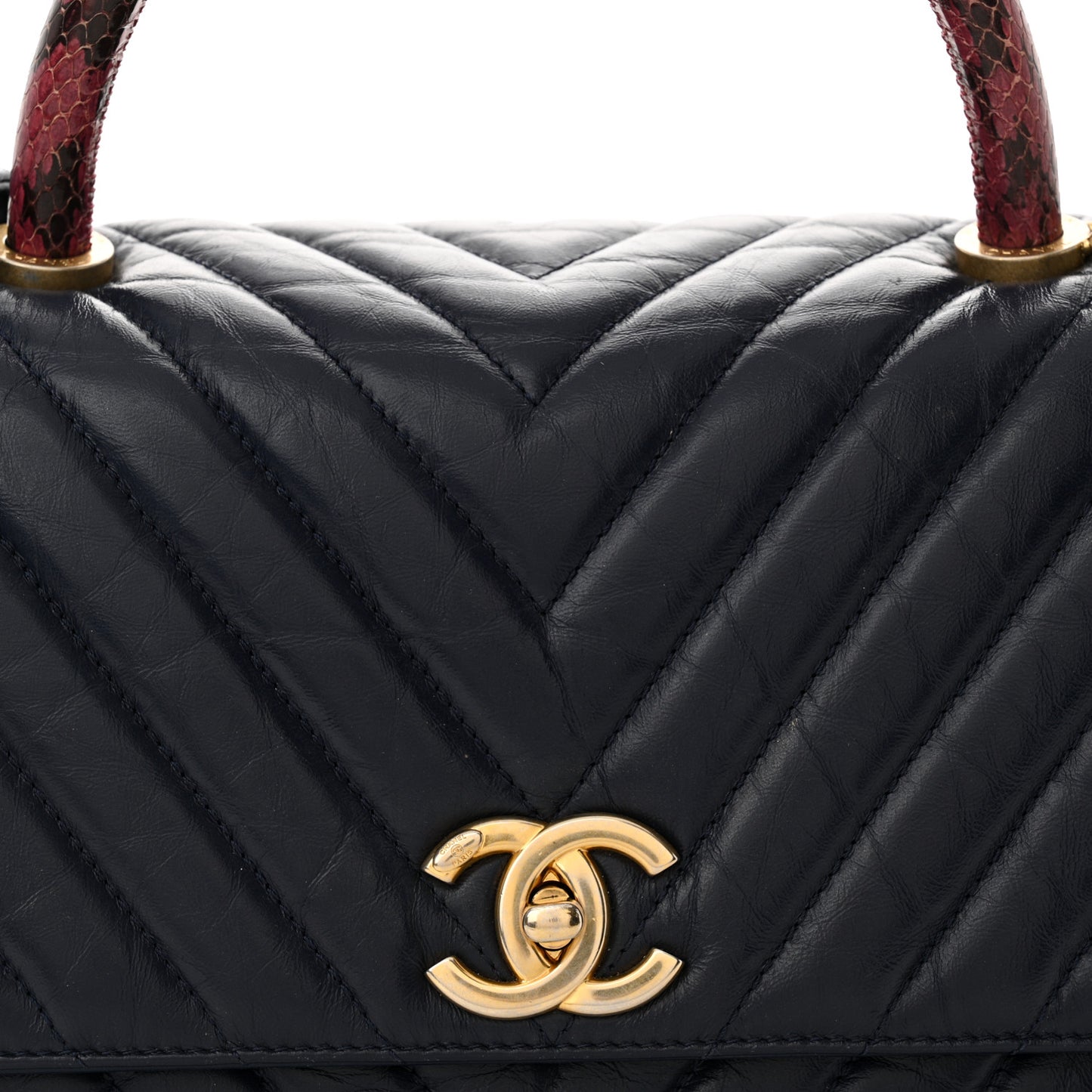 Aged Calfskin Elaphe Chevron Quilted Small Coco Handle Flap Navy