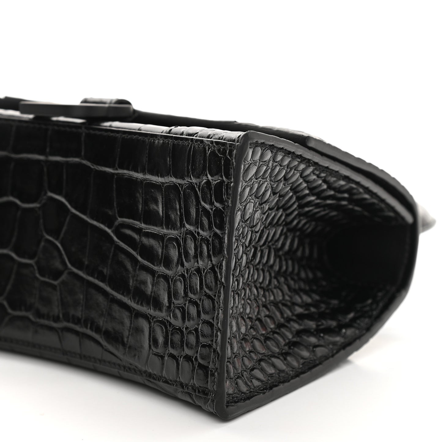 Shiny Calfskin Monochrome Crocodile Embossed Small Hourglass Top Handle Bag Black
