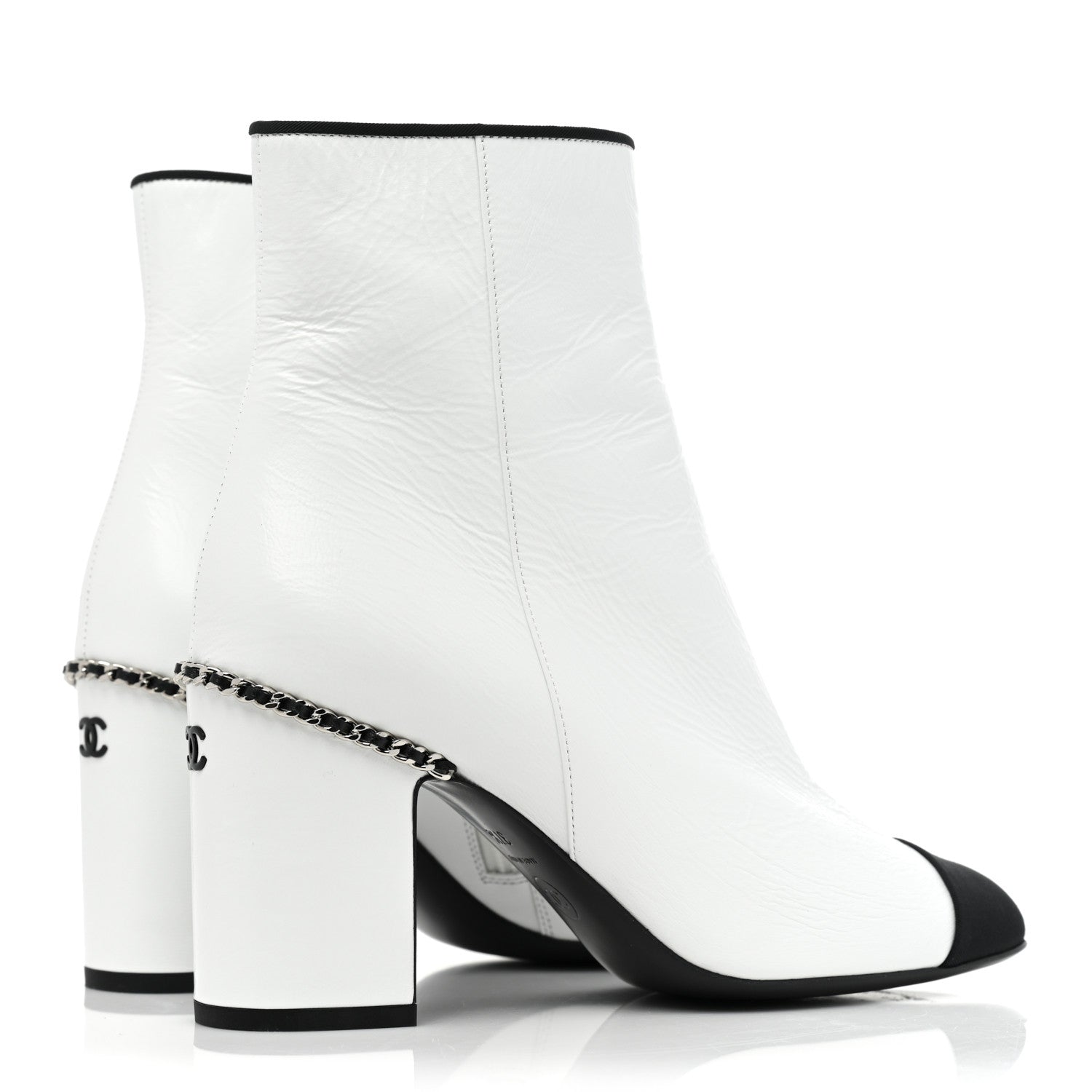Chanel Laminated Lambskin Grosgrain Cap Toe Chain Short Boots 37.5 White Black 5 of 9