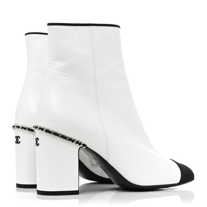 Chanel Laminated Lambskin Grosgrain Cap Toe Chain Short Boots 37.5 White Black 5 of 9