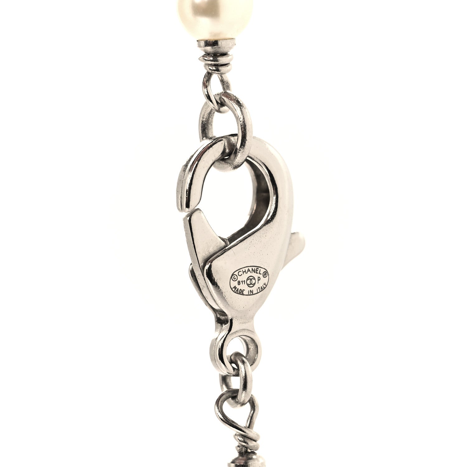 Chanel Pearl Crystal Bead CC Long Necklace Black Silver 4 of 5