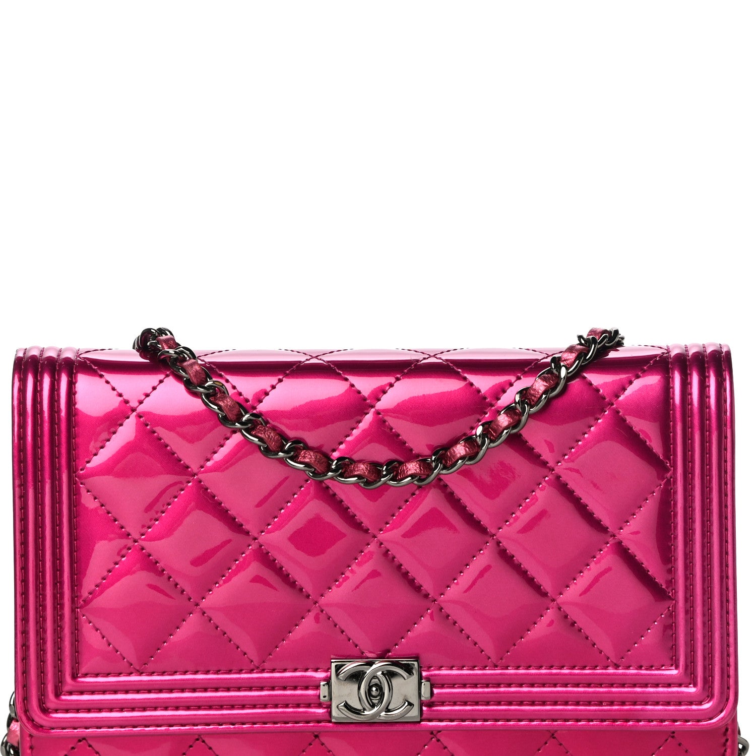 Chanel Metallic Patent Calfskin Quilted Boy Wallet On Chain WOC Fuchsia 9 of 18
