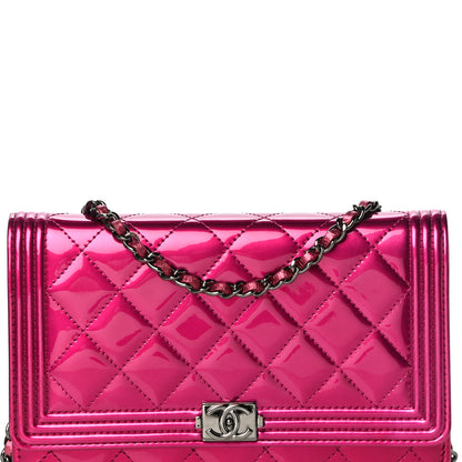Chanel Metallic Patent Calfskin Quilted Boy Wallet On Chain WOC Fuchsia 9 of 18