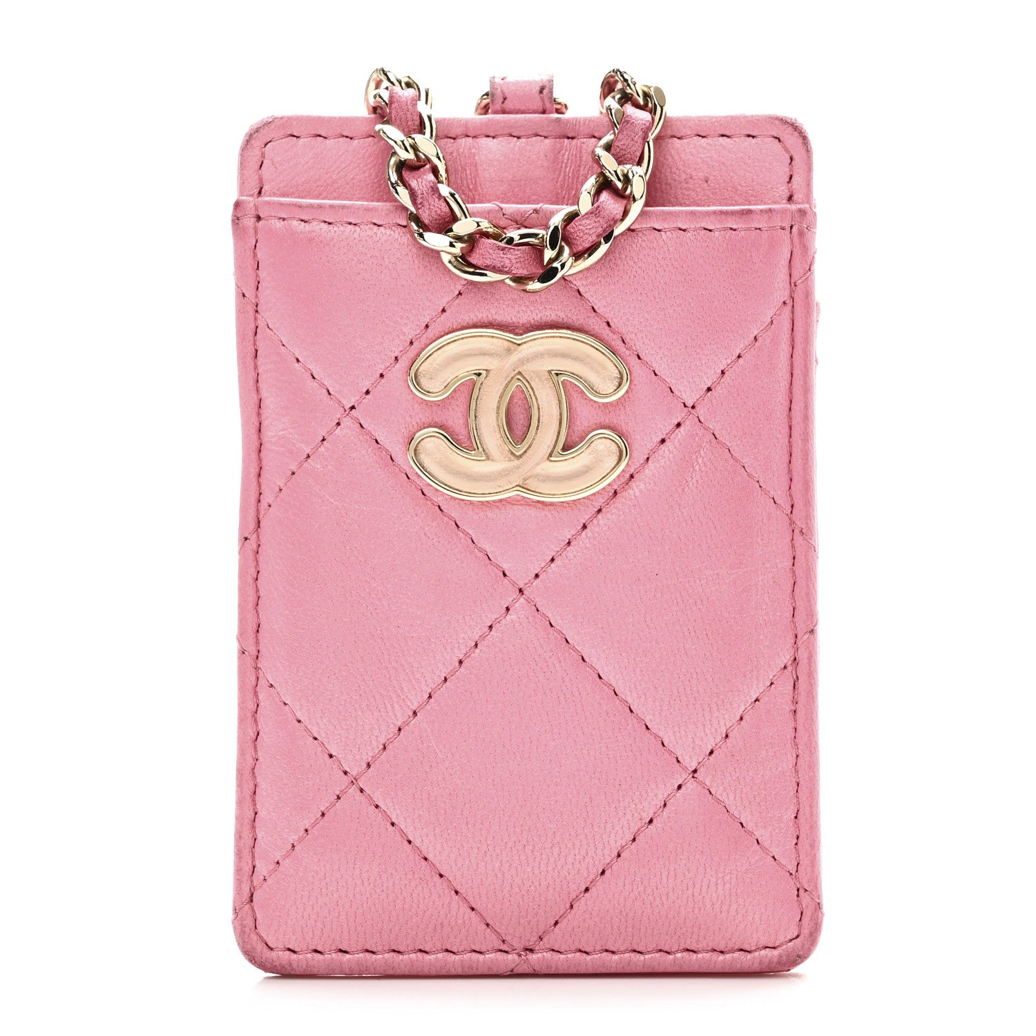 Chanel Lambskin Quilted Enamel Chanel Card Holder On Chain Pink 1 of 8