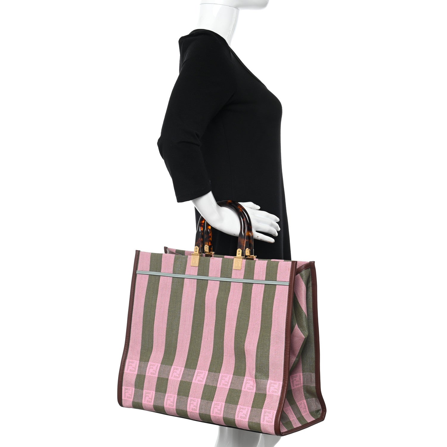 Fendi Raffia Vitello Seta Plexiglass Pequin Gingham Woven Large Fendi Sunshine Shopper Tote Military Rosa 2 of 10