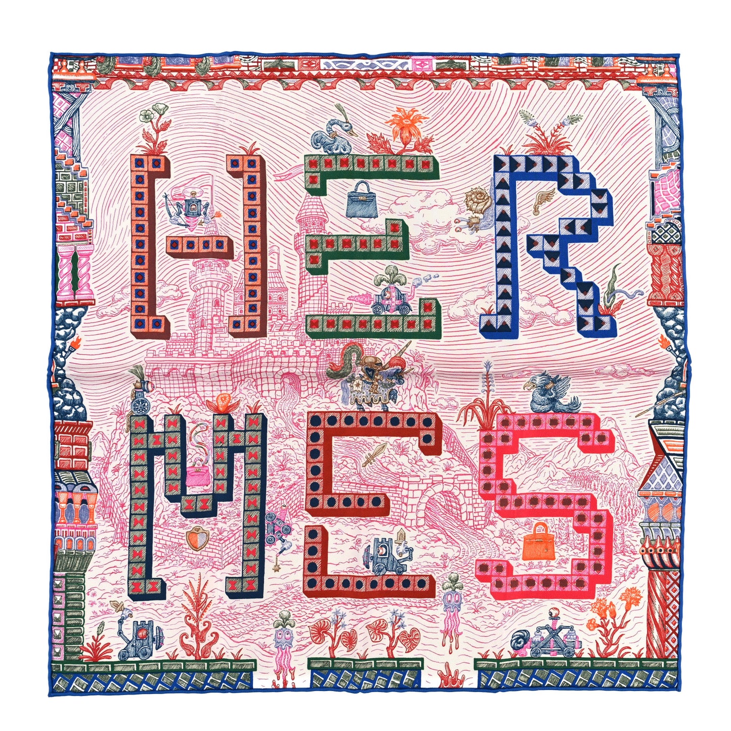 Silk Twill Super Silk Quest Detail Scarf 45 Rose Bleu Vert