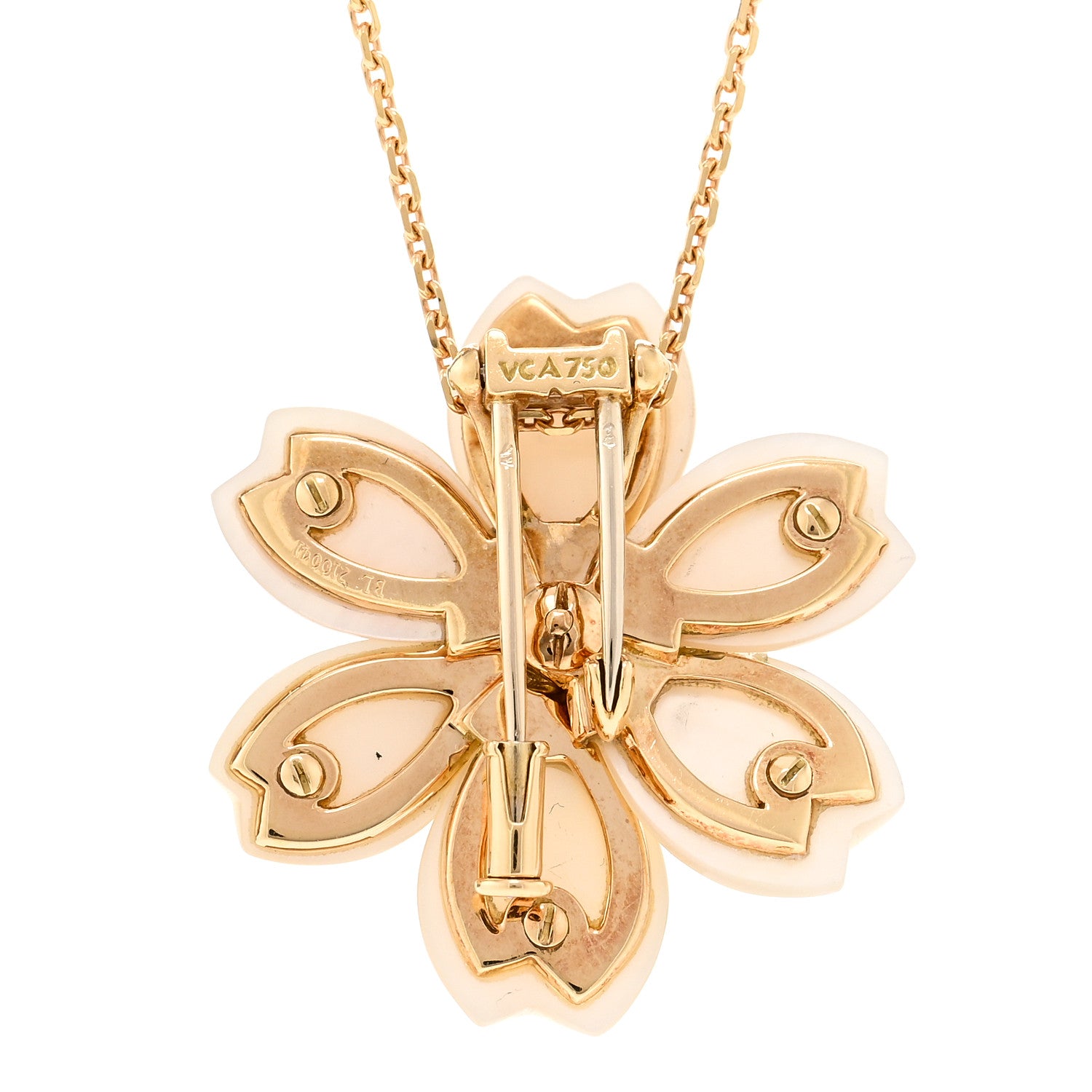 Van Cleef & Arpels 18K Yellow Gold Diamond Mother of Pearl Small Rose De Noel Clip Pendant Necklace 4 of 6