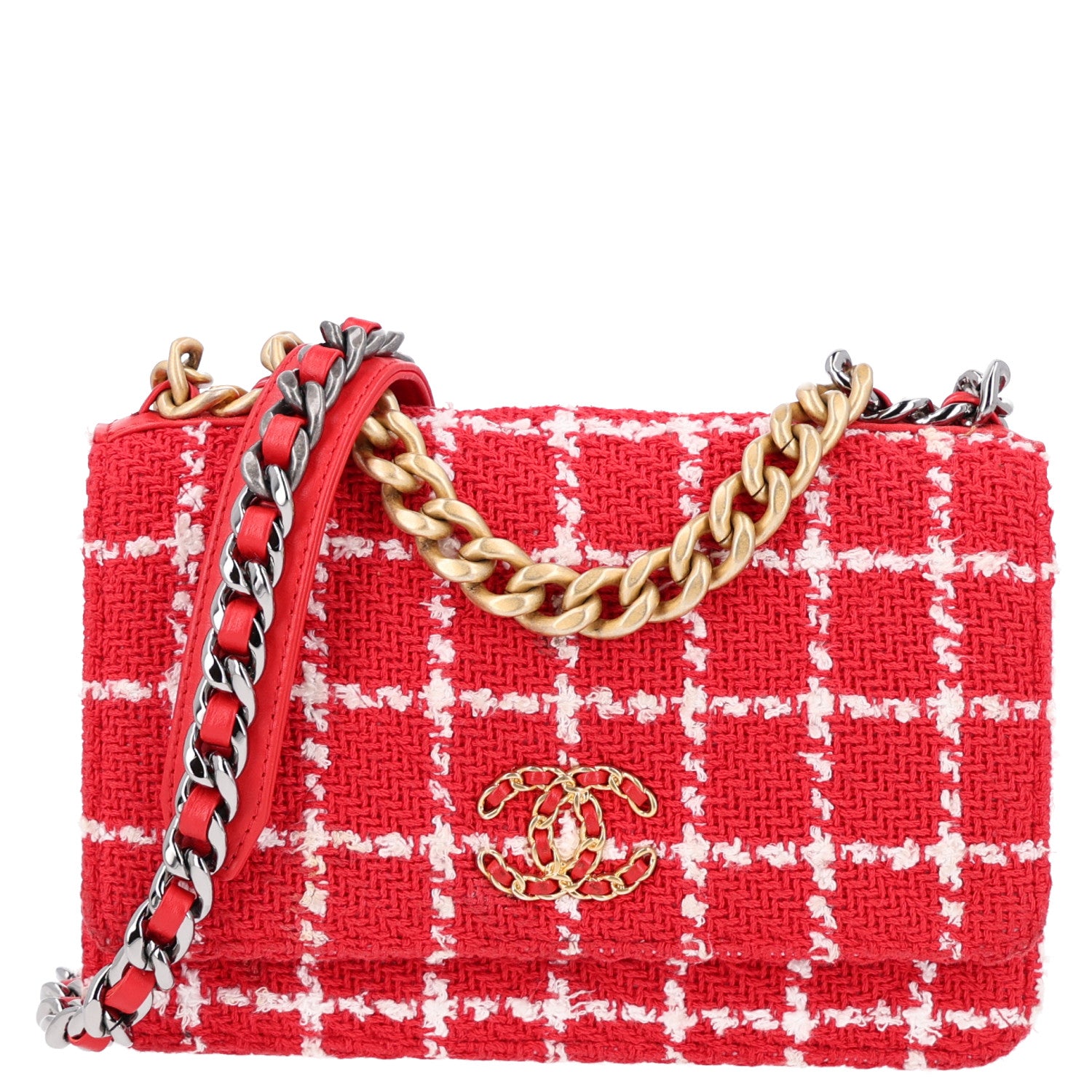 Chanel Tweed Quilted Chanel 19 Wallet On Chain WOC Red White 1 of 11