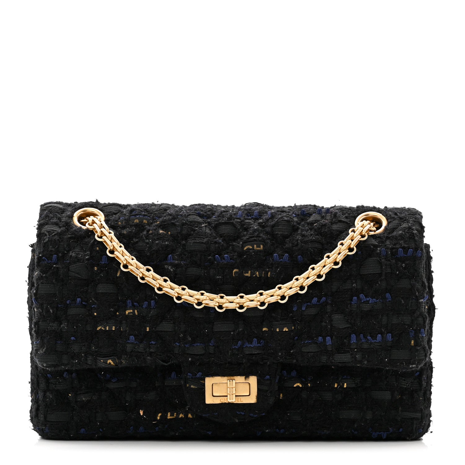 Chanel Tweed Quilted Mini 2.55 Reissue Flap Black Gold Navy 1 of 10