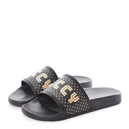 Gucci X SEGA Supreme Canvas GUCCY Stars Mens Slide Sandals 8 Black Gold 3 of 8