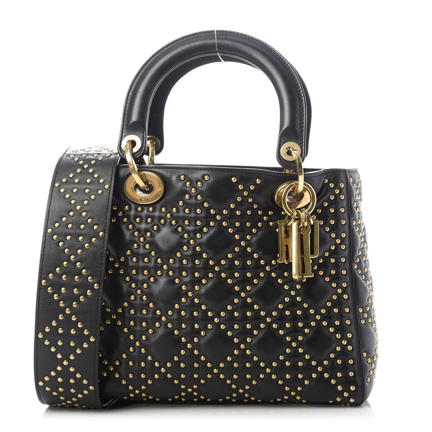 Calfskin Cannage Studded Medium Supple Lady Dior Black