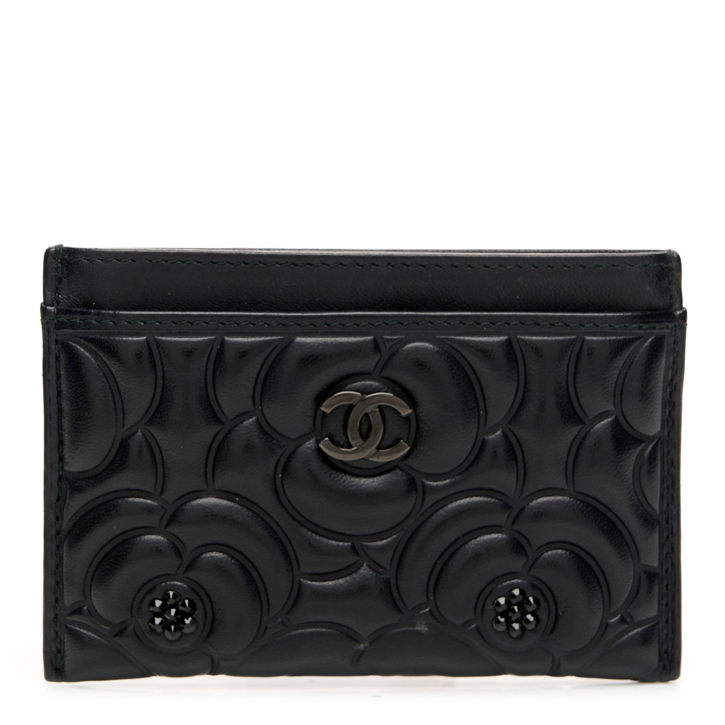 Lambskin Camellia Embossed Card Holder So Black