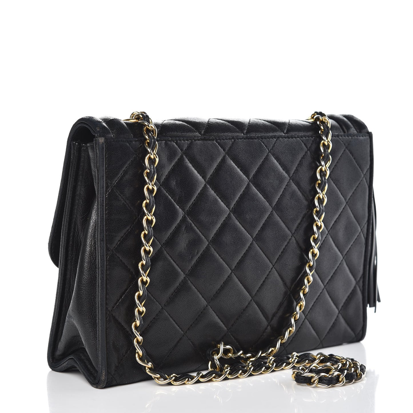 Lambskin Quilted Tassel Shoulder Flap Bag Black