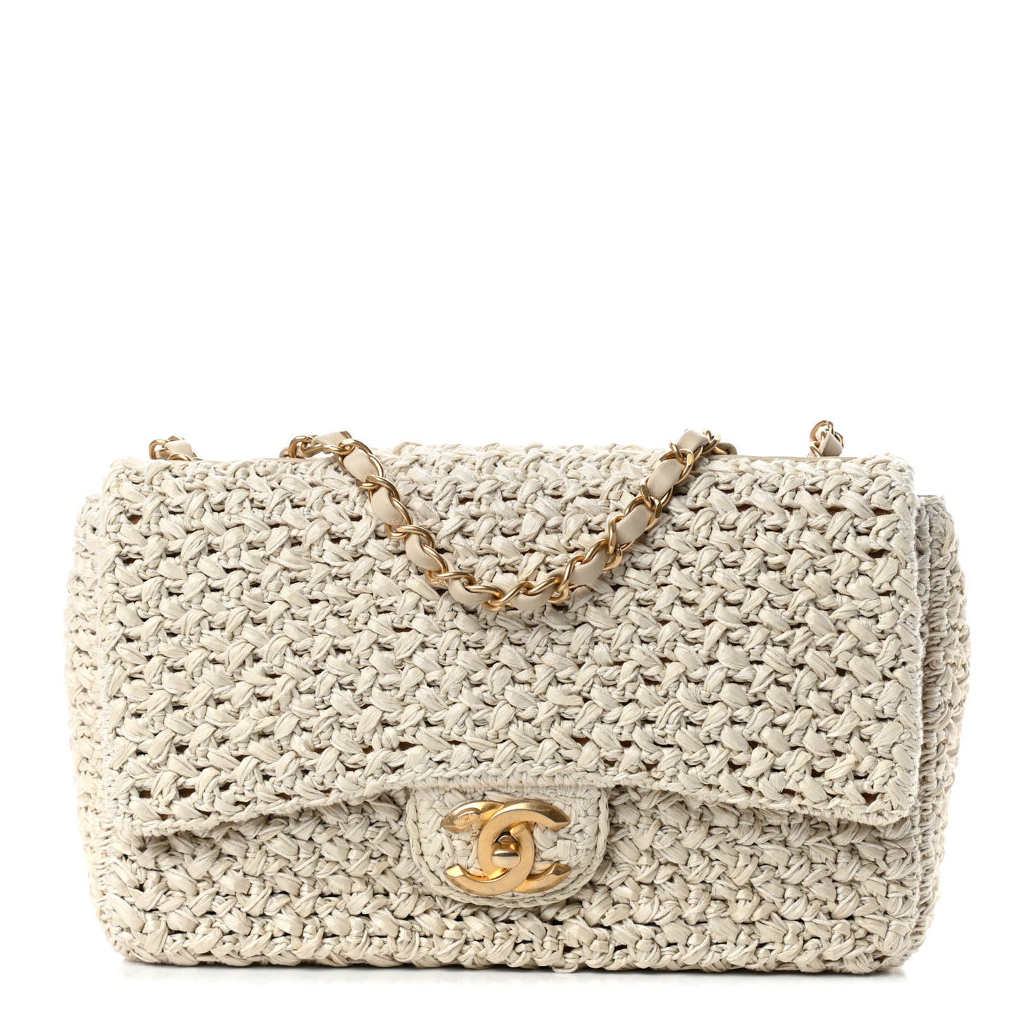 Raffia Crochet Paris Greece Medium Flap Bag Beige