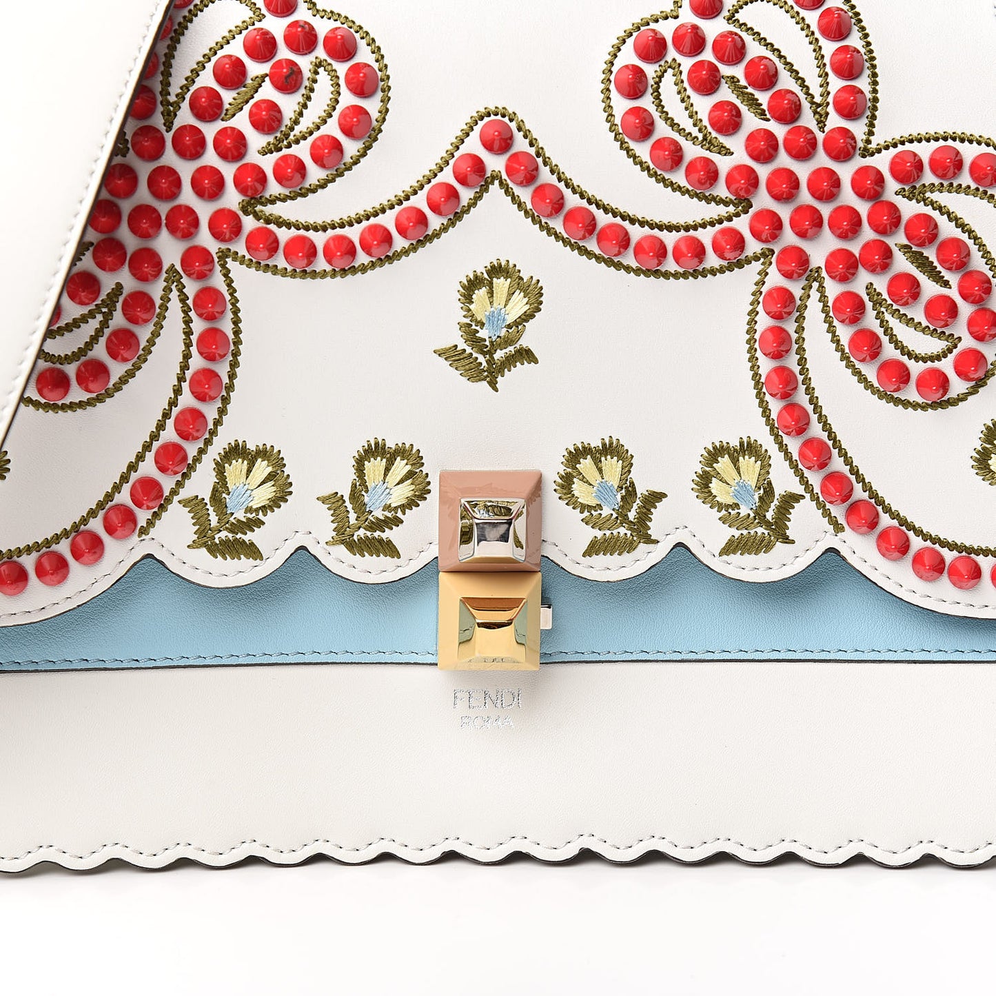 Vitello Liberty Scalloped Studded Flowers and Bows Kan I Shoulder Bag White Multicolor