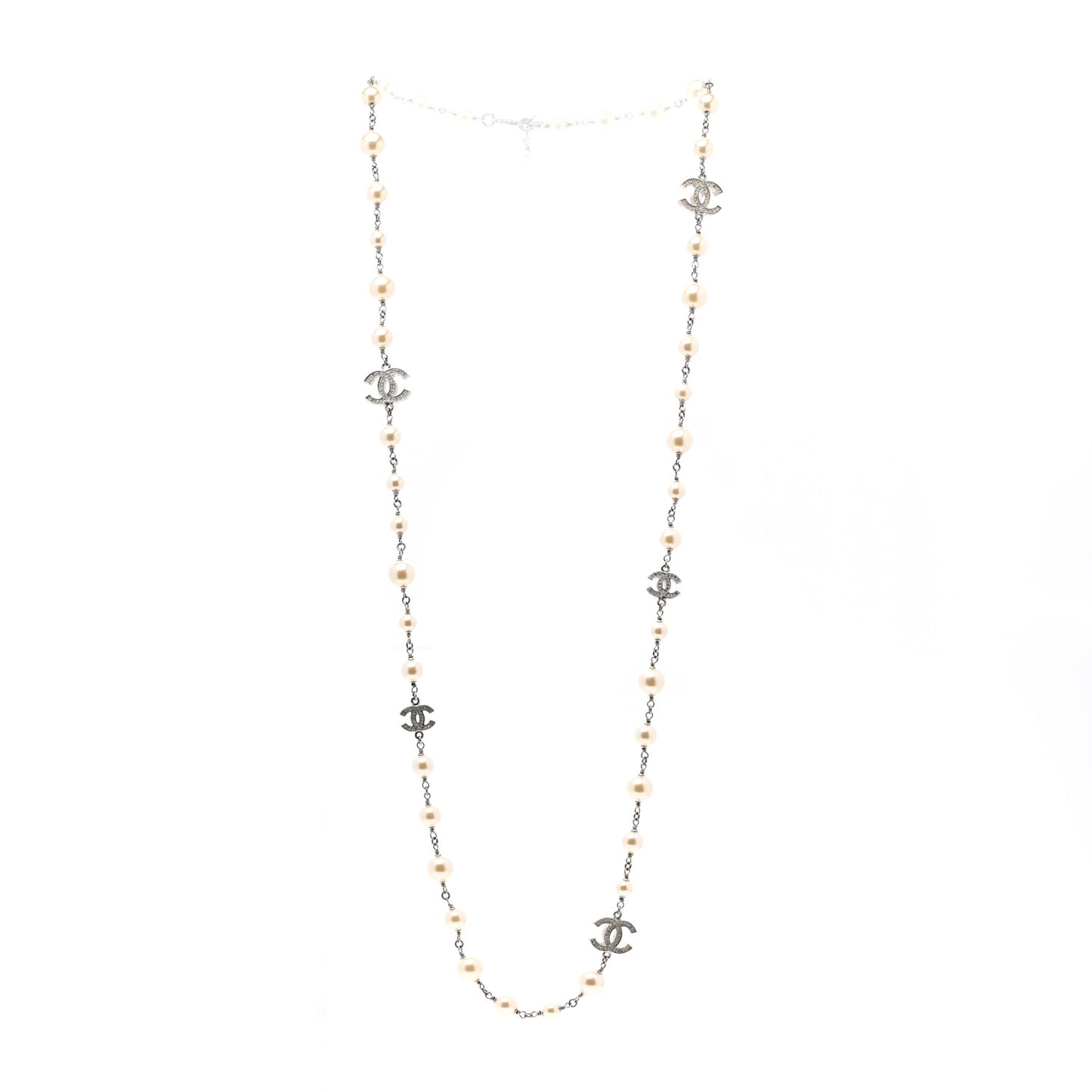 Graduated Pearl Crystal CC Long Necklace Silver