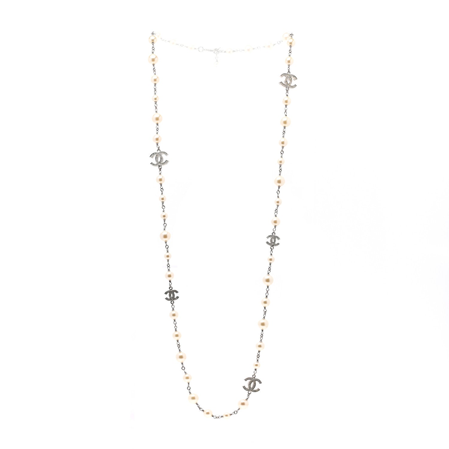Chanel Graduated Pearl Crystal CC Long Necklace Silver 3 of 5