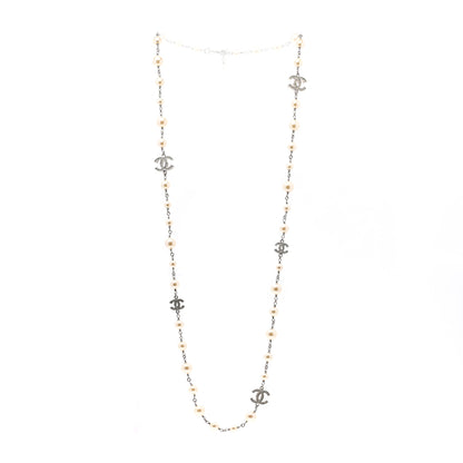 Chanel Graduated Pearl Crystal CC Long Necklace Silver 3 of 5