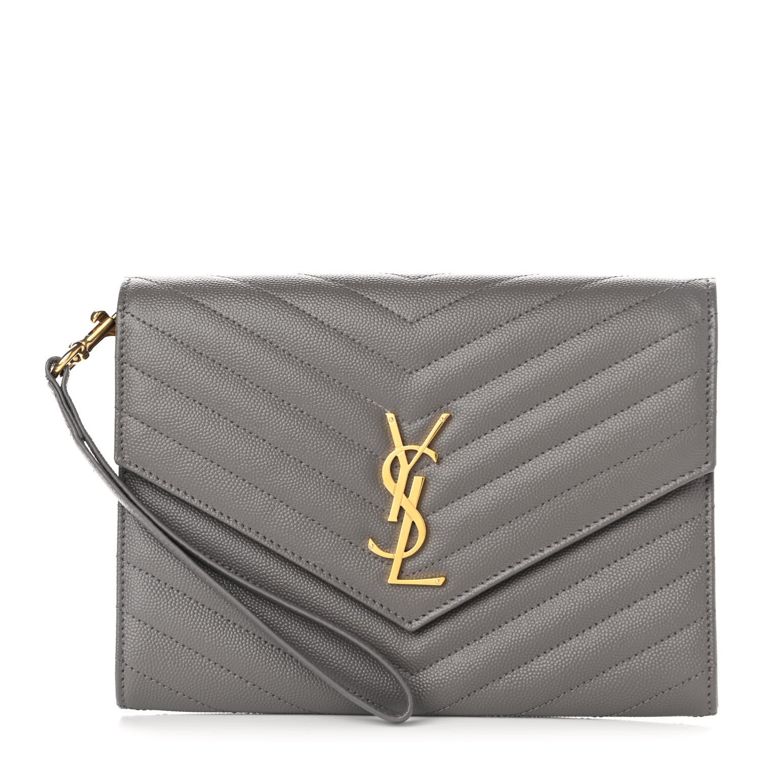 Saint Laurent Grain De Poudre Matelasse Chevron Monogram Envelope Clutch Fog 1 of 8