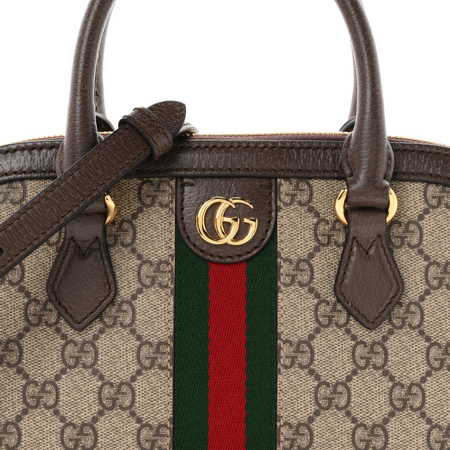 GG Supreme Monogram Textured Dollar Calfskin Web Medium Ophidia Top Handle Bowler Bag Beige Ebony New Acero