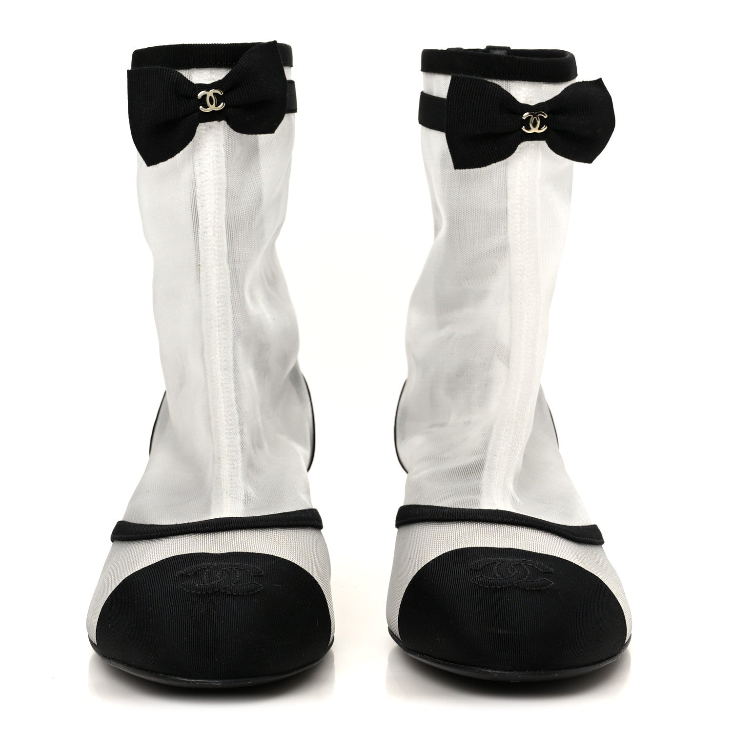 Chanel Mesh Grosgrain CC Cap Toe Ankle Boots 40 White Black