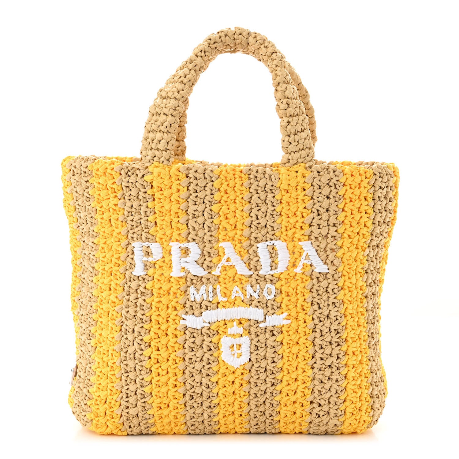 Prada Yarn Raffia Effect Crochet Striped Small Logo Tote Naturale Giallo 1 of 9