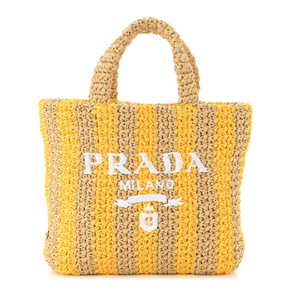 Prada Yarn Raffia Effect Crochet Striped Small Logo Tote Naturale Giallo 1 of 9