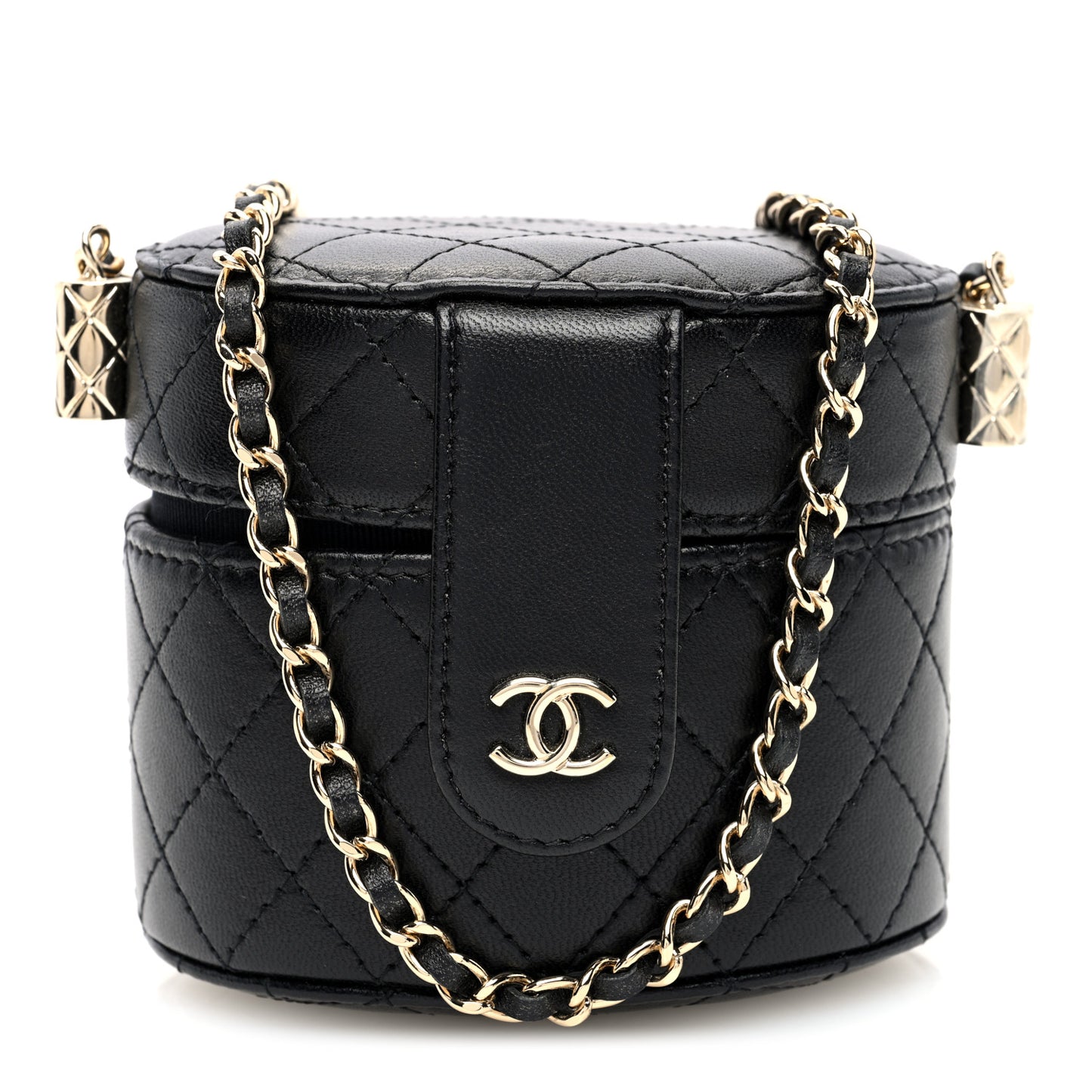Lambskin Quilted Mini Round Vanity Case With Chain Black