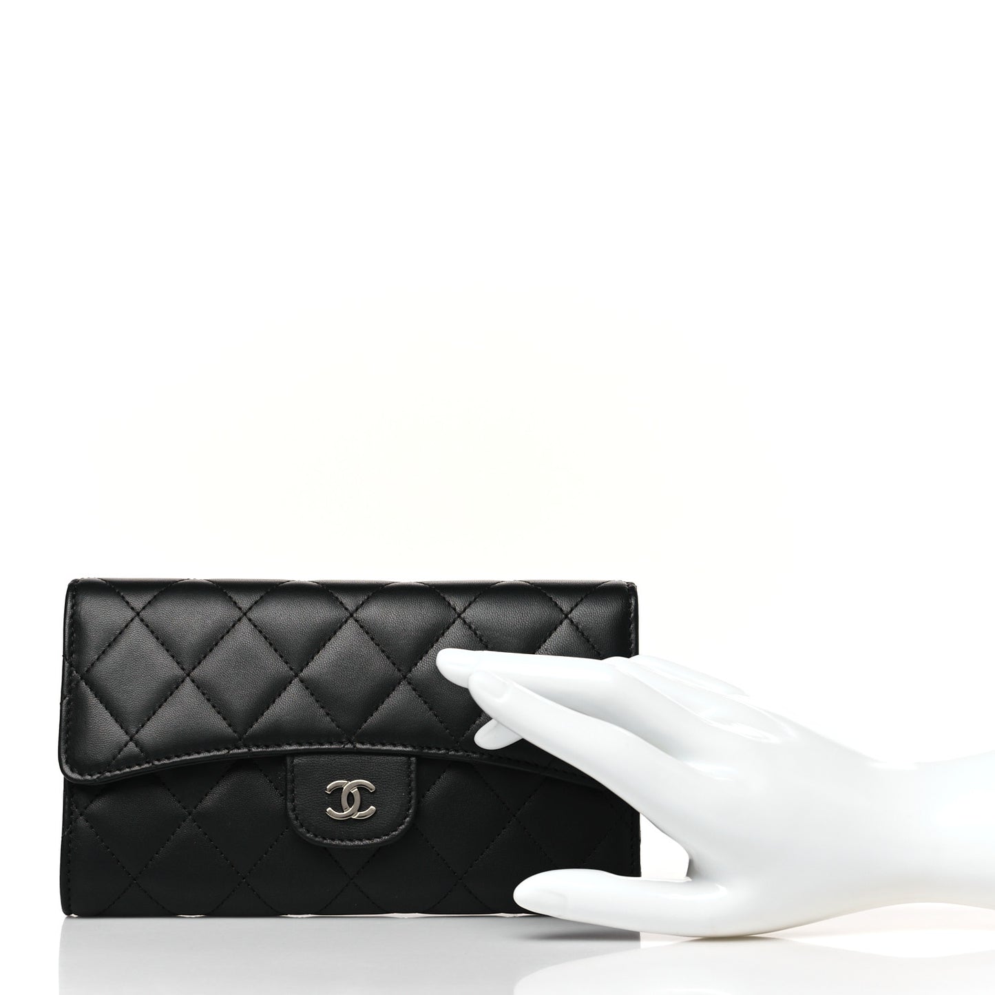Lambskin Quilted Large Gusset Flap Wallet Black