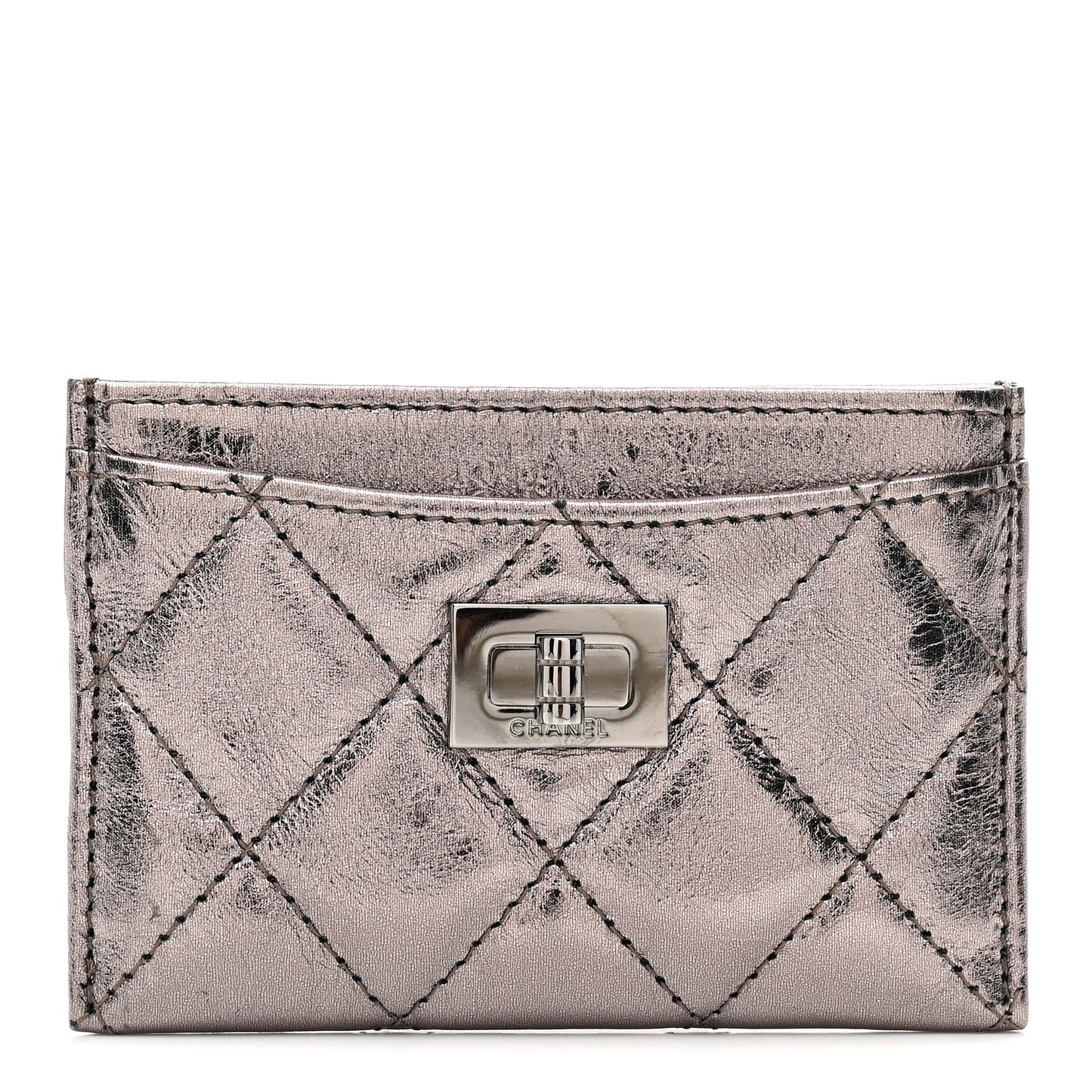 Metallic Aged Calfskin Quilted Reissue Card Holder Silver