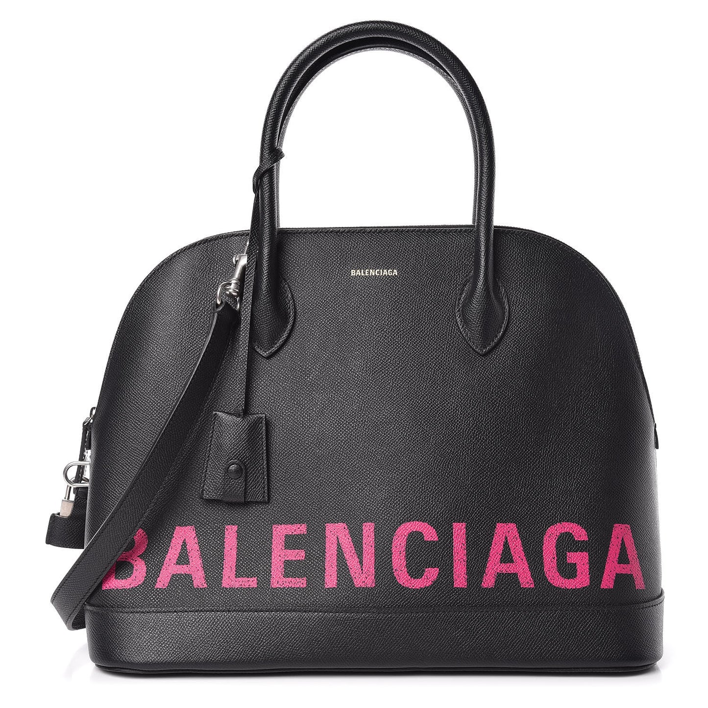 Signature Grained Calfskin Logo M Ville Top Handle Bag Black Rose Shocking