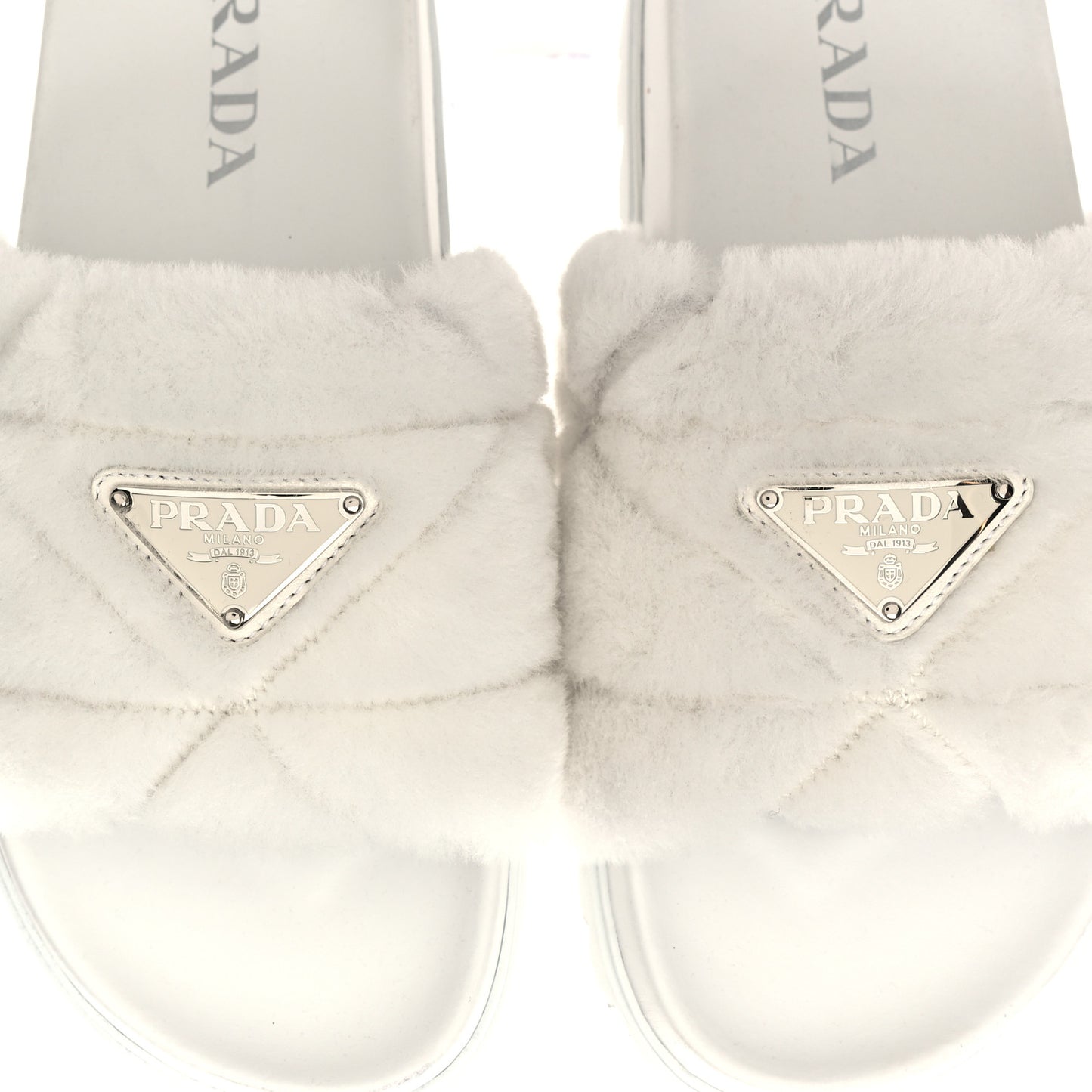 Shearling Metal Triangle Logo Lug Sole 20mm Slide Sandals 37.5 White