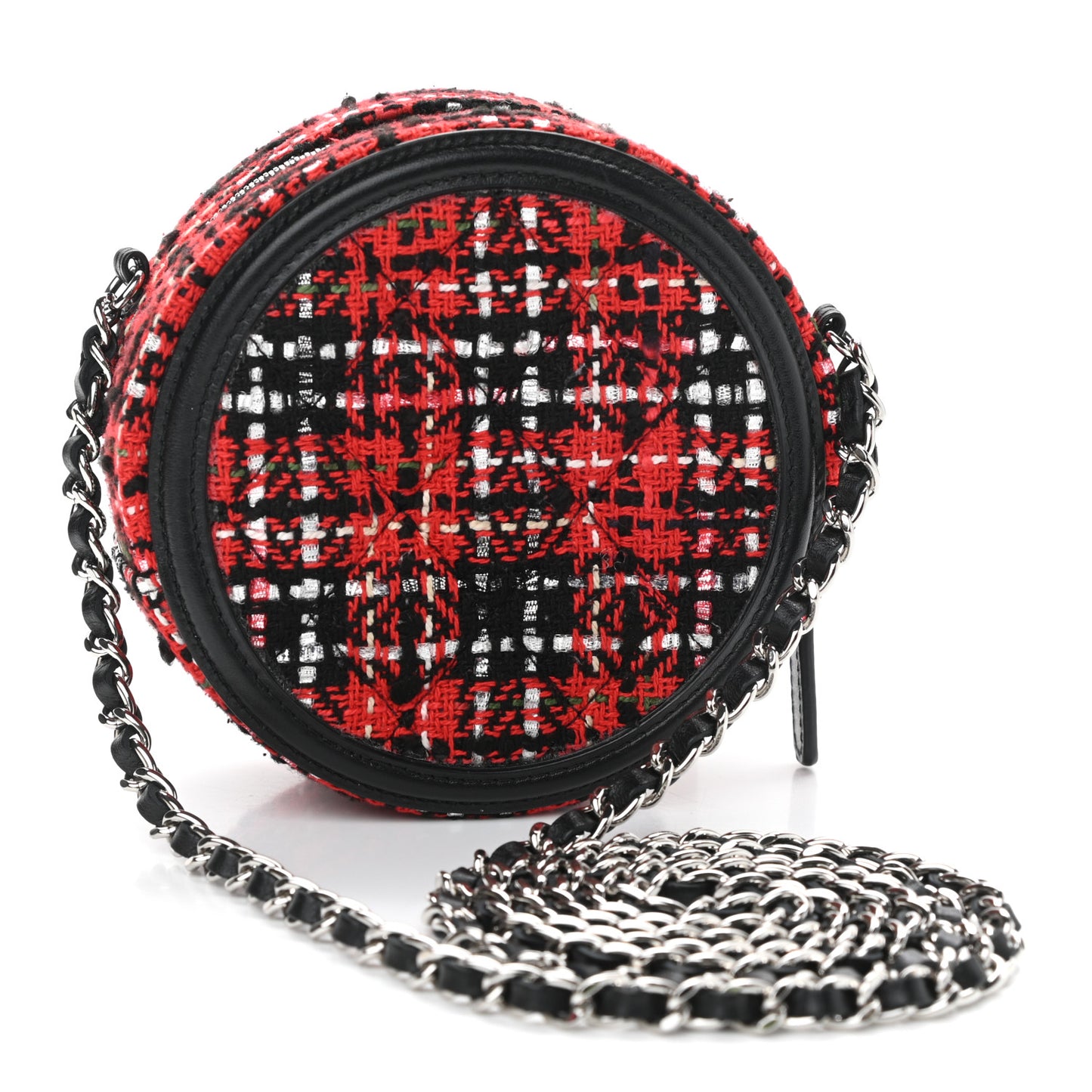 Tweed Quilted Round Filigree Clutch With Chain Red Black