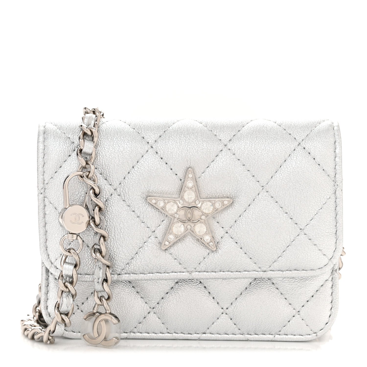 Chanel Metallic Goatskin Quilted Star Flap Waist Belt Bag Silver 1 of 13