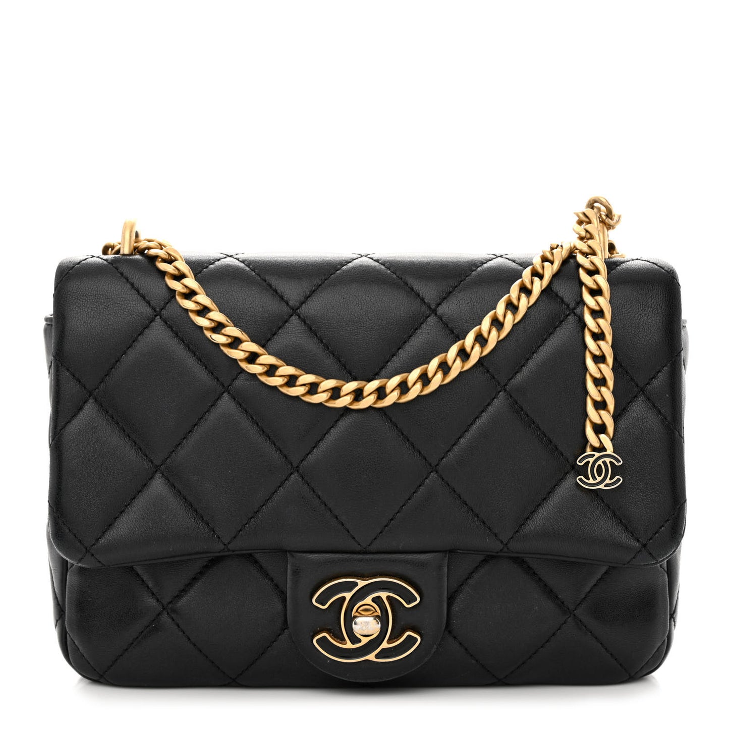 Lambskin Enamel Quilted Pending CC Square Flap Black
