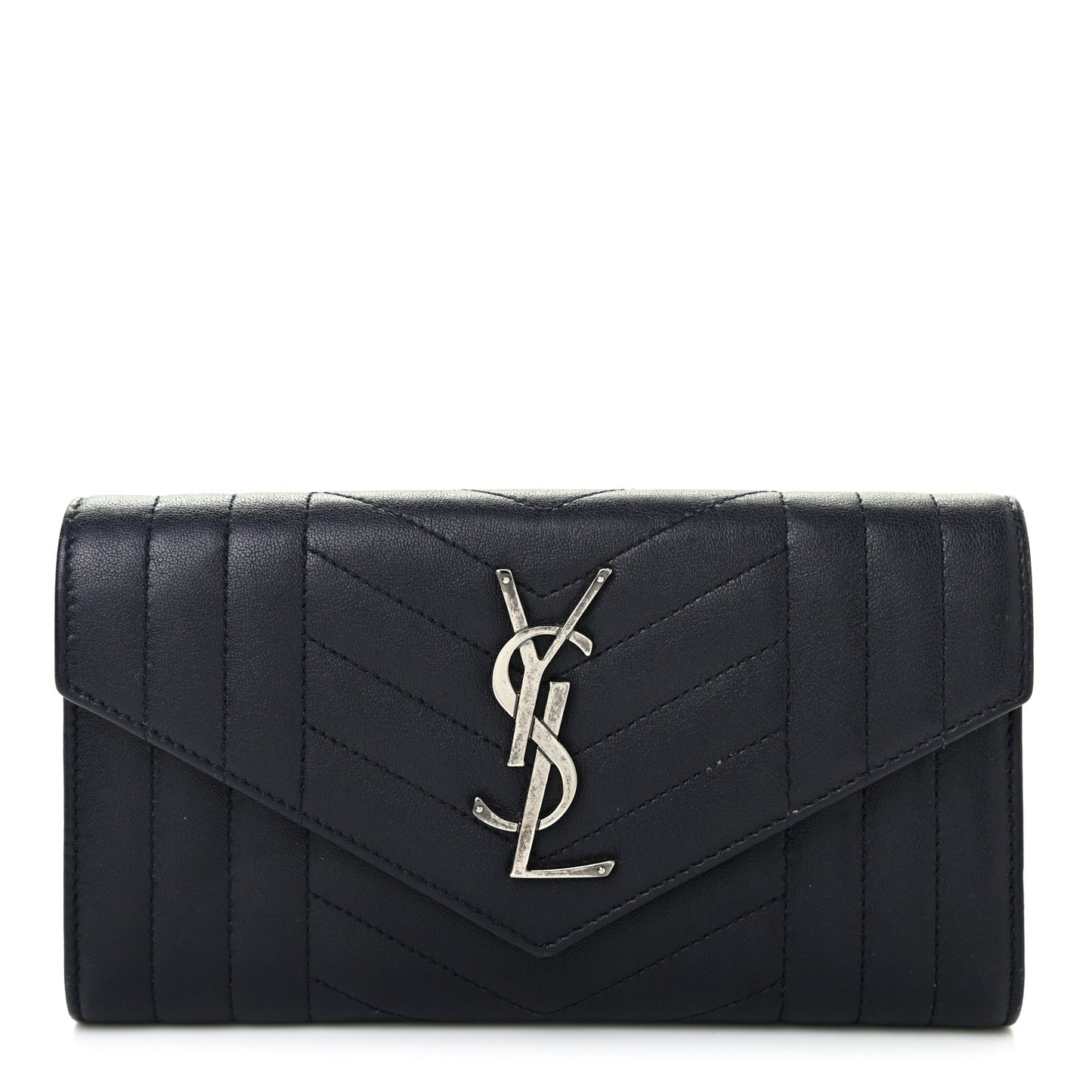 Lambskin Mixed Matelasse Quilted Large Monogram Envelope Wallet Navy
