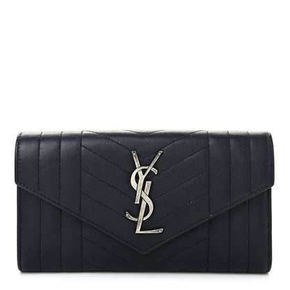 Saint Laurent Lambskin Mixed Matelasse Quilted Large Monogram Envelope Wallet Navy 1 of 8