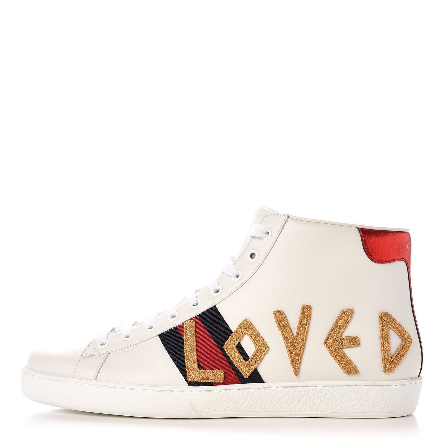 Calfskin Nappa Web LOVED Embroidered Mens Ace High Top Sneakers 10 White Red Flame Notte